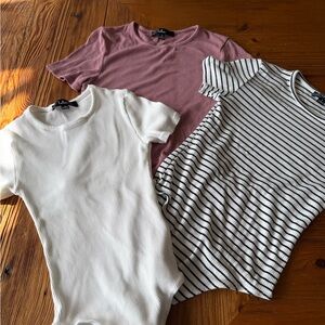 LuLus Short-Sleeve Ribbed Tops - Dusty Rose, Cream & Black Stripe